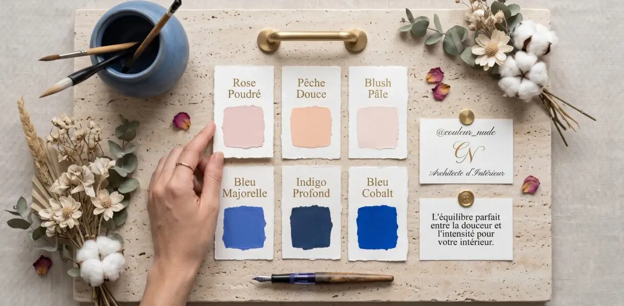 Nuancier couleurs 2026 avec rose poudré, pêche douce, blush pâle, bleu Majorelle, indigo profond et bleu cobalt, présenté par Couleur Nude