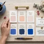 Nuancier couleurs 2026 avec rose poudré, pêche douce, blush pâle, bleu Majorelle, indigo profond et bleu cobalt, présenté par Couleur Nude
