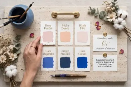 Nuancier couleurs 2026 avec rose poudré, pêche douce, blush pâle, bleu Majorelle, indigo profond et bleu cobalt, présenté par Couleur Nude