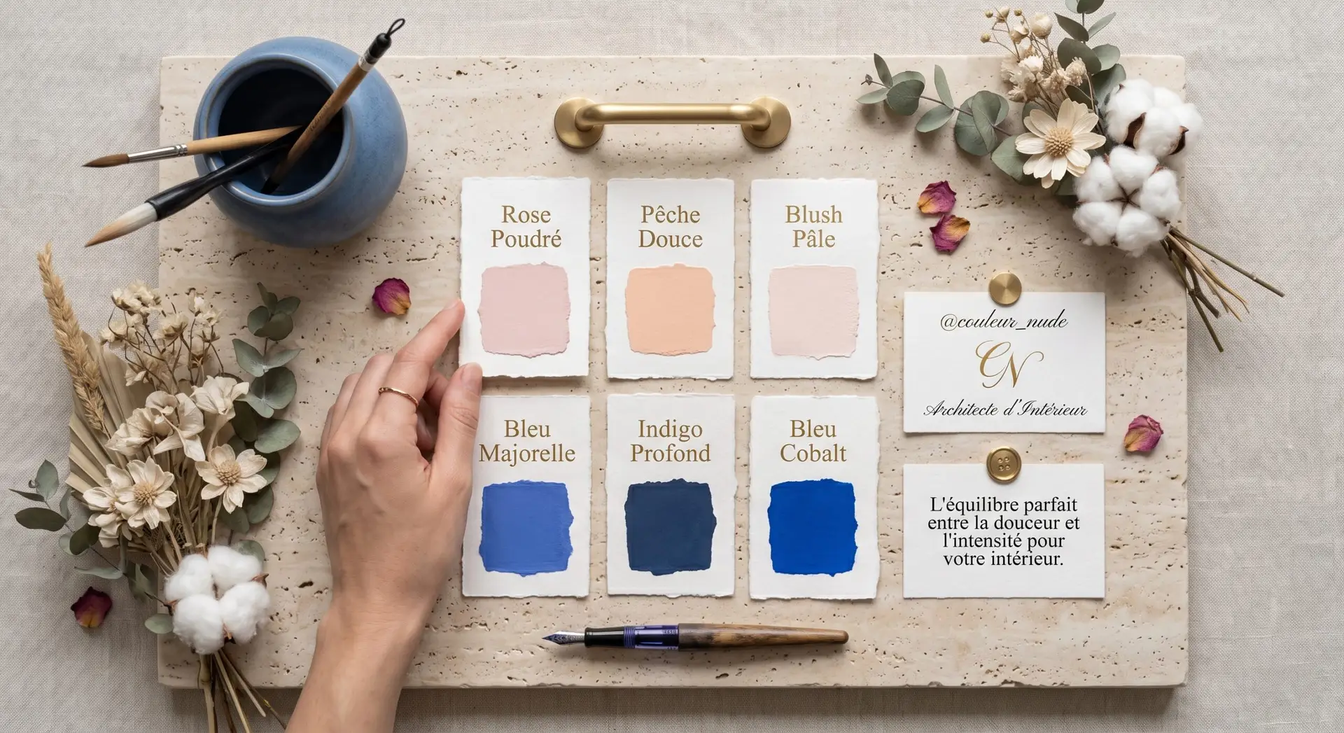 Nuancier couleurs 2026 avec rose poudré, pêche douce, blush pâle, bleu Majorelle, indigo profond et bleu cobalt, présenté par Couleur Nude